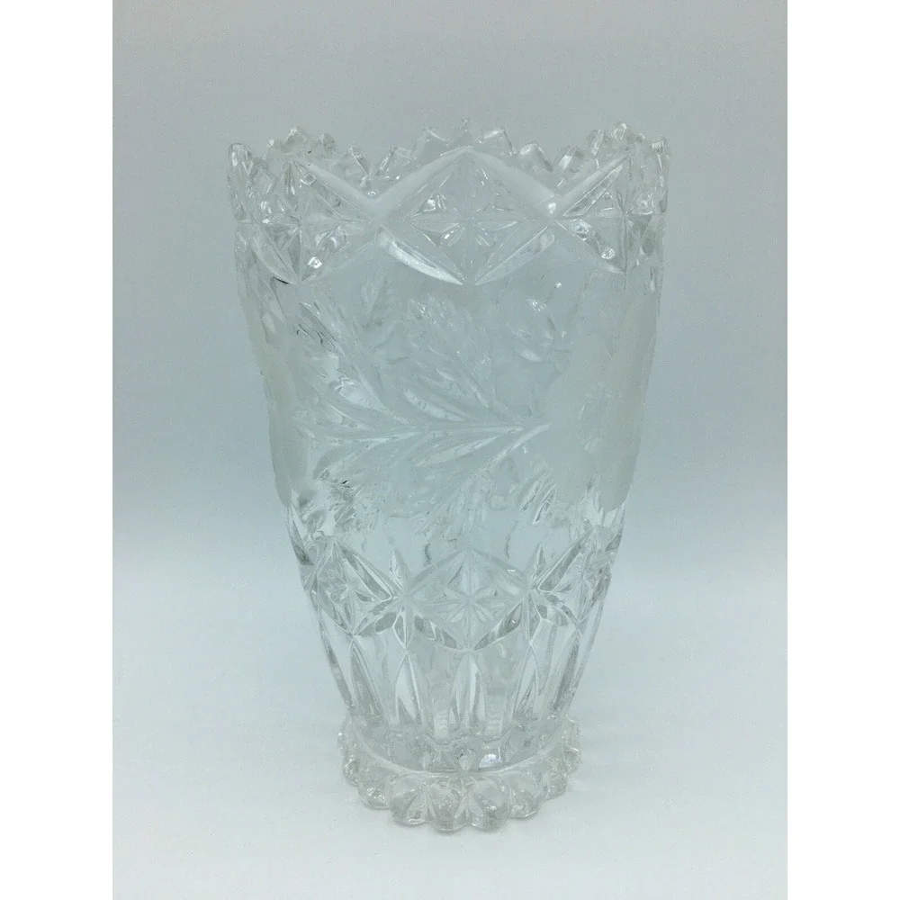 American Brilliant Cut Glass Vase Etched Rose Flowers Diamond Points 7